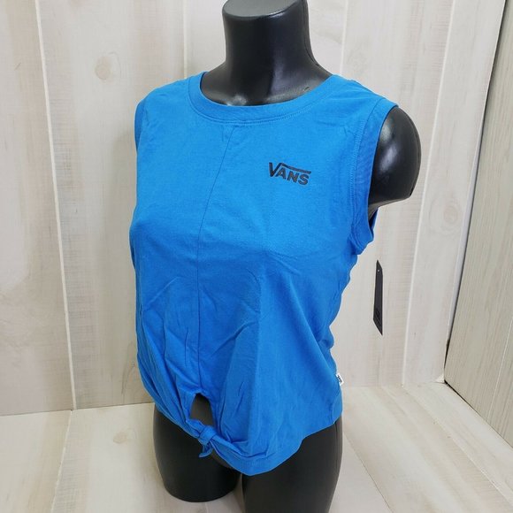 VANS Women's Shirt NEW Small Tank Blue Knot Front Top Tee Floral Check Logo - Picture 1 of 6